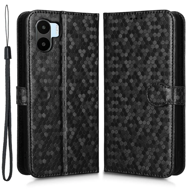 For Xiaomi Redmi A1 4G Full Coverage PU Leather Dot Pattern Imprinted Stand Case Phone Wallet Cover with Strap - Black