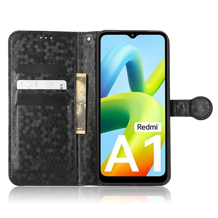 For Xiaomi Redmi A1 4G Full Coverage PU Leather Dot Pattern Imprinted Stand Case Phone Wallet Cover with Strap - Black