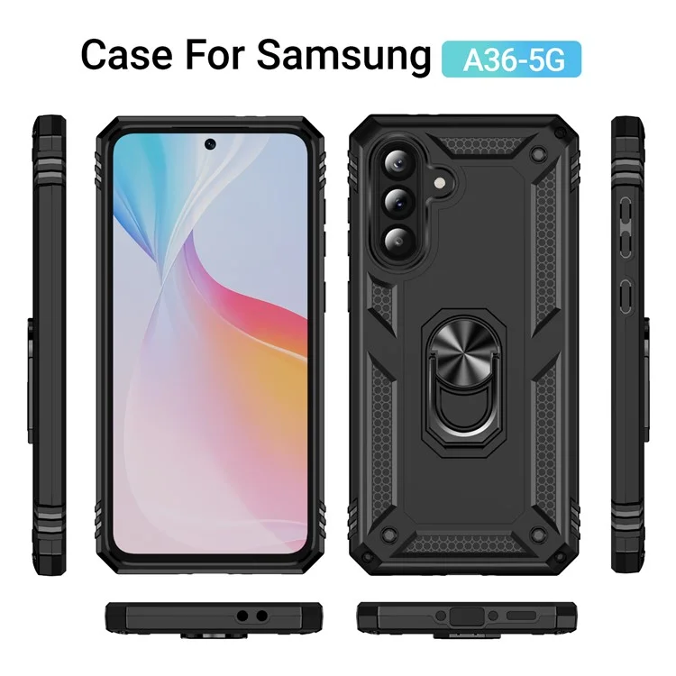Für Samsung Galaxy A36 5G Hülle PC + TPU Handy-Cover mit drehbarem Ringständer - Schwarz
