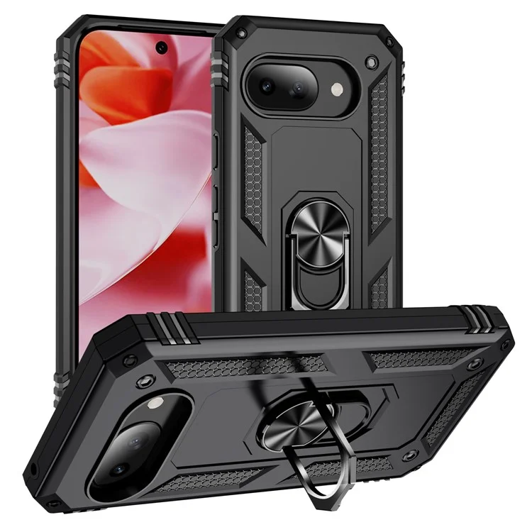 Coque pour Google Pixel 9a en PC + TPU avec support rotatif et anneau - Noir
