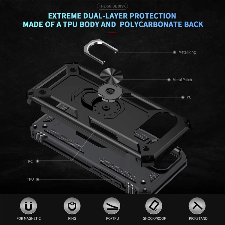 Coque pour Google Pixel 9a en PC + TPU avec support rotatif et anneau - Noir