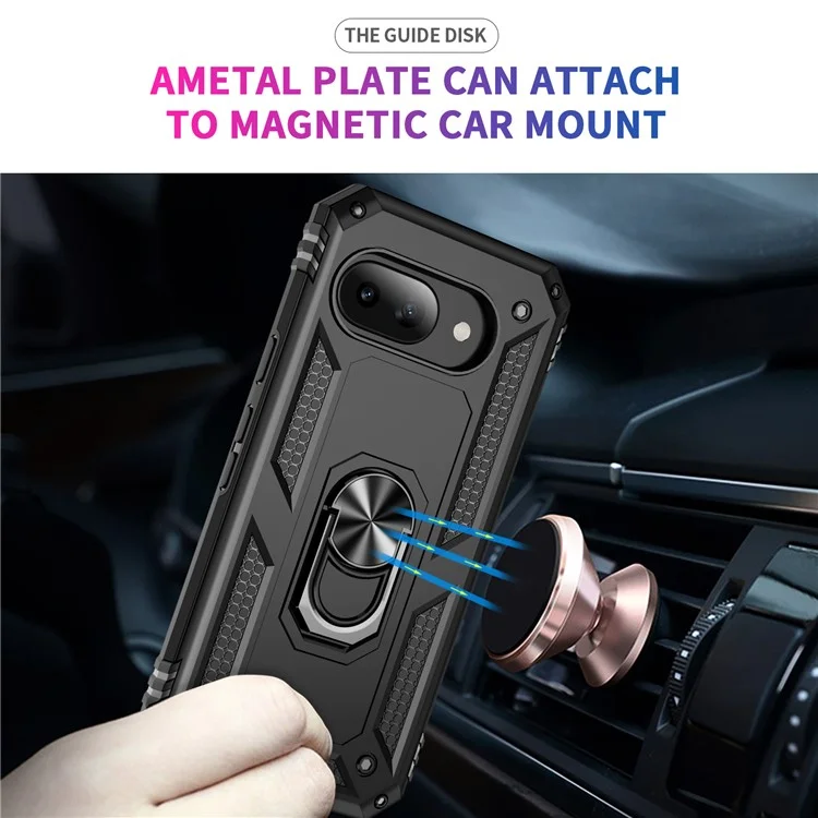 Coque pour Google Pixel 9a en PC + TPU avec support rotatif et anneau - Noir