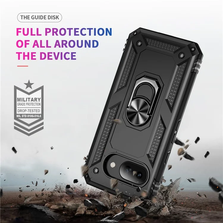 Coque pour Google Pixel 9a en PC + TPU avec support rotatif et anneau - Noir