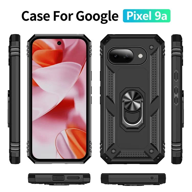 Coque pour Google Pixel 9a en PC + TPU avec support rotatif et anneau - Noir