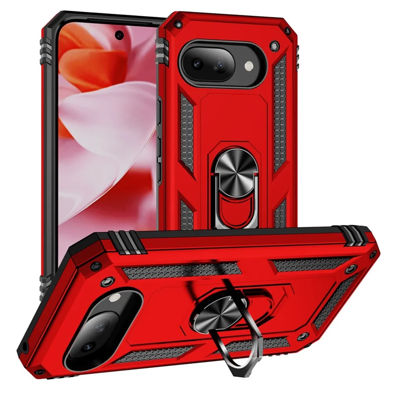 For Google Pixel 9a Case PC + TPU Phone Cover with Rotary Ring Kickstand - Red