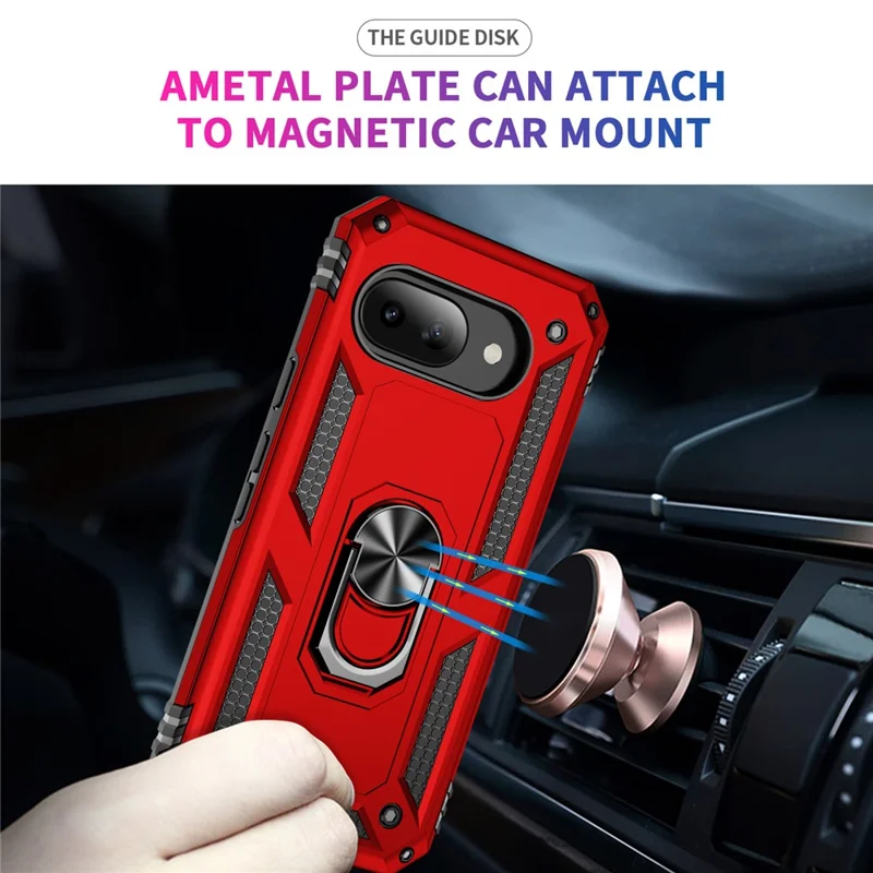 For Google Pixel 9a Case PC + TPU Phone Cover with Rotary Ring Kickstand - Red