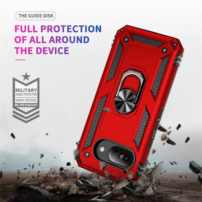 For Google Pixel 9a Case PC + TPU Phone Cover with Rotary Ring Kickstand - Red