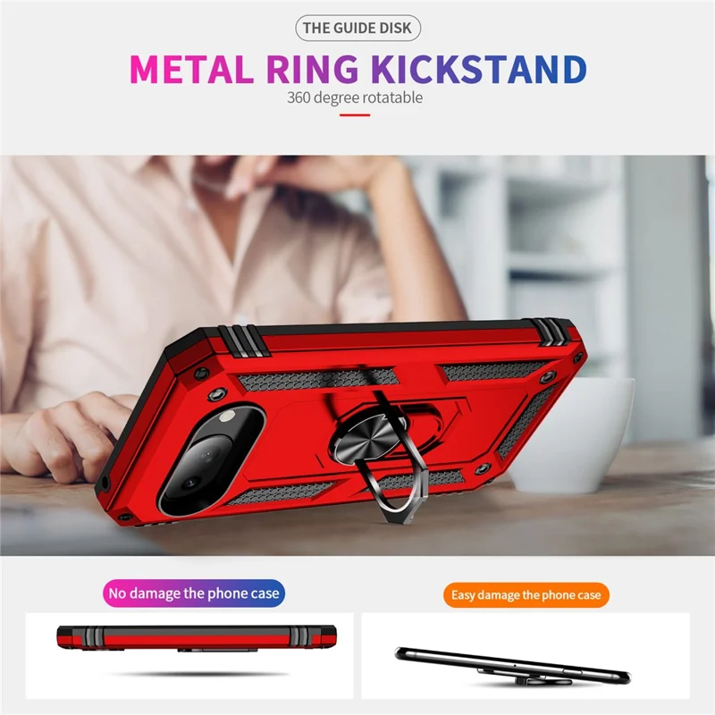 For Google Pixel 9a Case PC + TPU Phone Cover with Rotary Ring Kickstand - Red