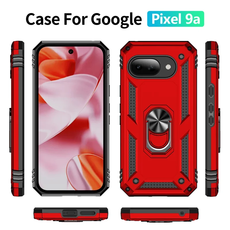 For Google Pixel 9a Case PC + TPU Phone Cover with Rotary Ring Kickstand - Red