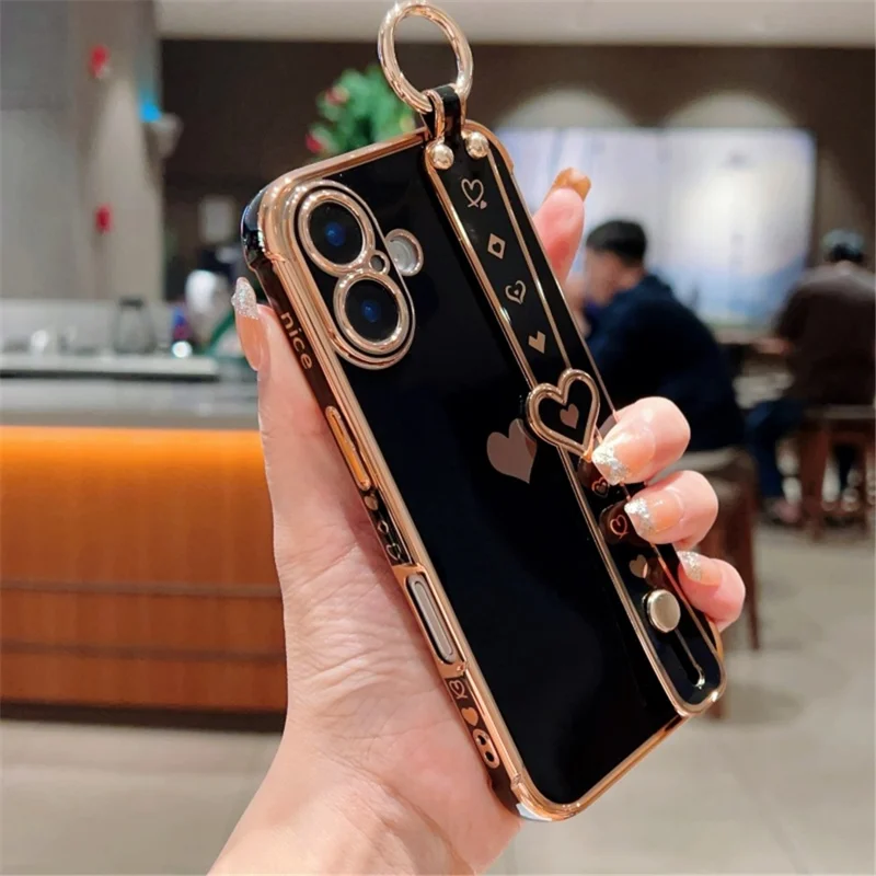 Capa para iPhone 16 com suporte para pulso, alça em formato de coração, capa de TPU - Preto