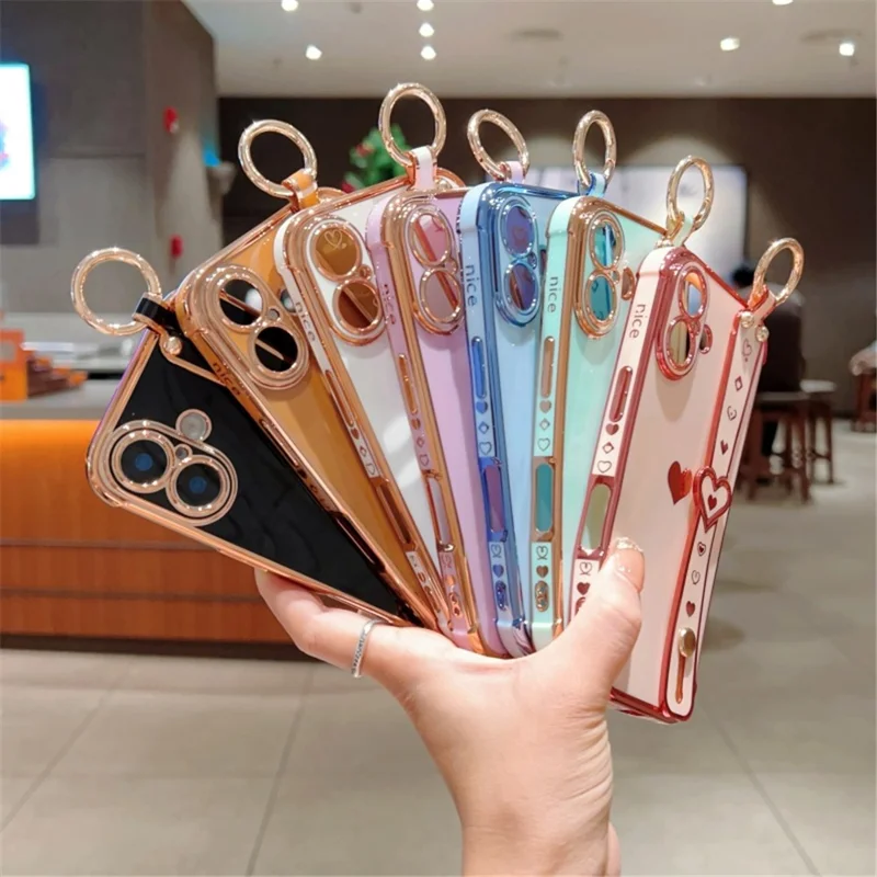 Capa para iPhone 16 Plus com pulseira, suporte, coração de amor, capa de TPU e suporte para dedo - Preto