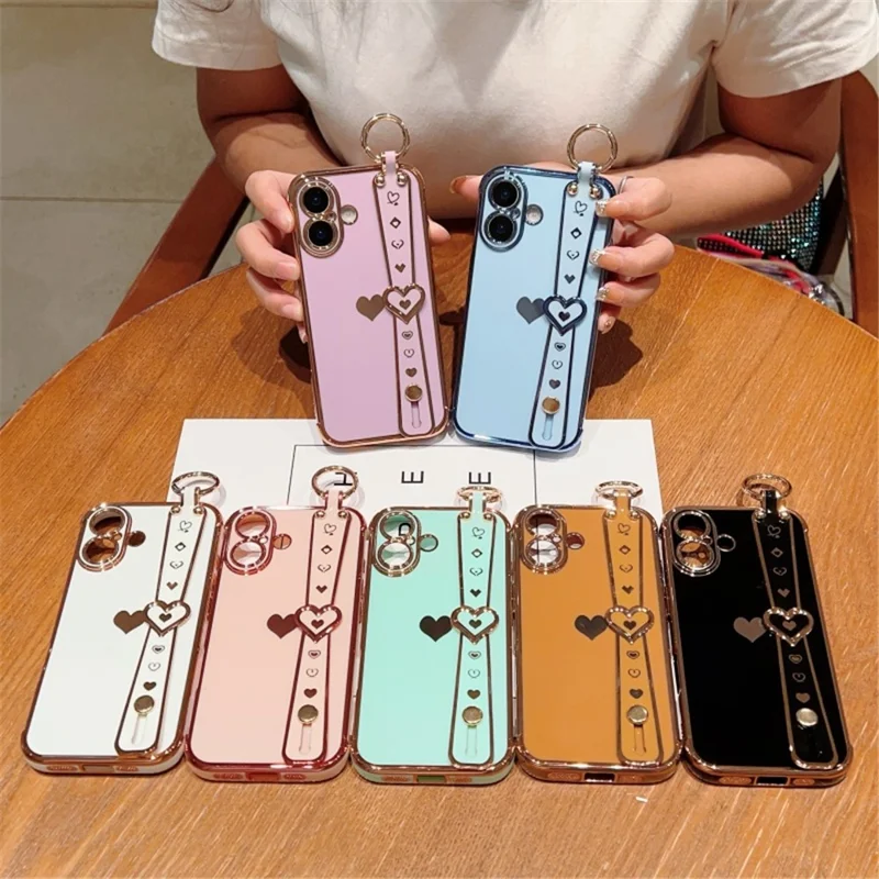 Capa para iPhone 16 Plus com pulseira, suporte, coração de amor, capa de TPU e suporte para dedo - Preto