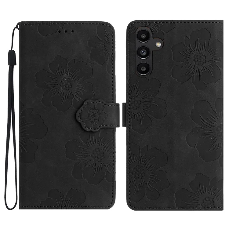 Für Samsung Galaxy A36 5G Hülle Blumendesign Leder Brieftasche Handyhülle mit Handschlaufe - Schwarz