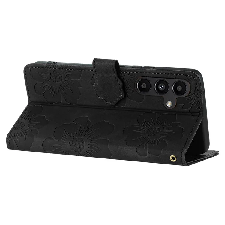 Für Samsung Galaxy A36 5G Hülle Blumendesign Leder Brieftasche Handyhülle mit Handschlaufe - Schwarz