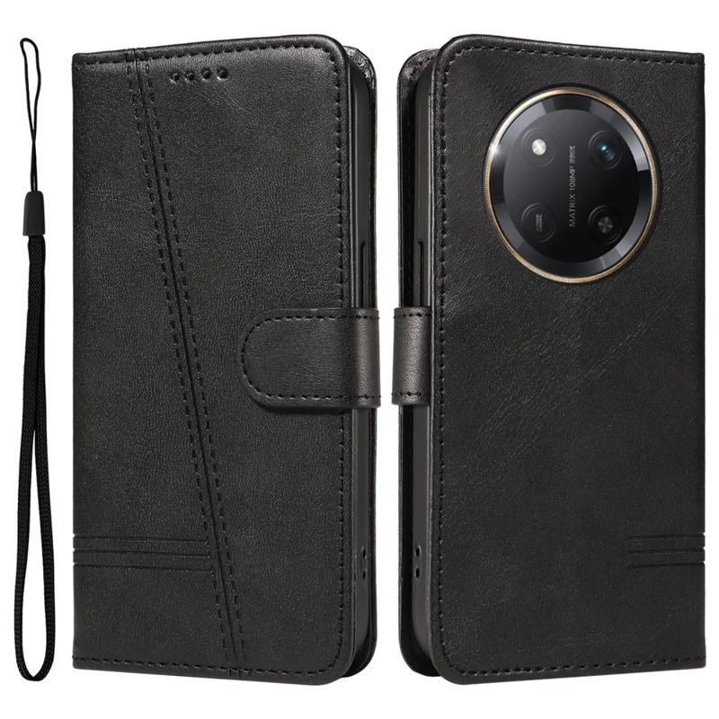 Étui portefeuille pour téléphone For Honor X60 Pro 5G / X9c 5G, motif de lignes en forme de T, en cuir - Noir