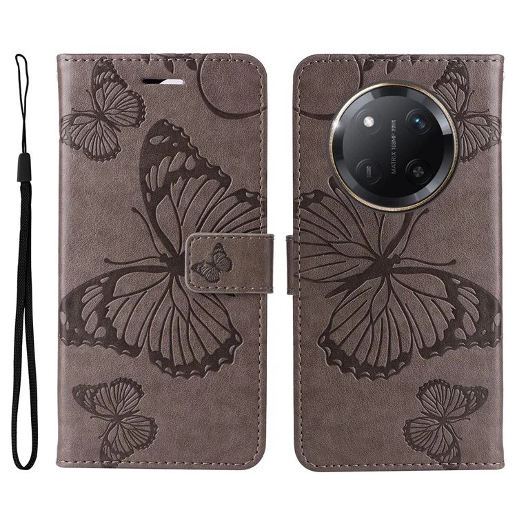 Étui pour téléphone en cuir avec motif papillon pour Honor X60 Pro 5G / X9c 5G - Gris