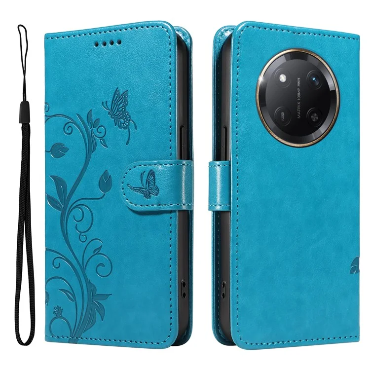 Custodia per telefono For Honor X60 Pro 5G / X9c 5G, in pelle PU con motivo floreale, colore blu.