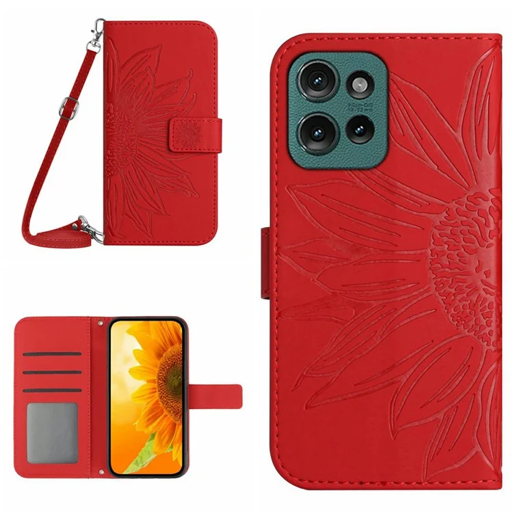 Für Motorola Moto G 5G (2025) Hülle Sonnenblumen-Prägung PU-Leder Handyhülle mit langem Gurt - Rot