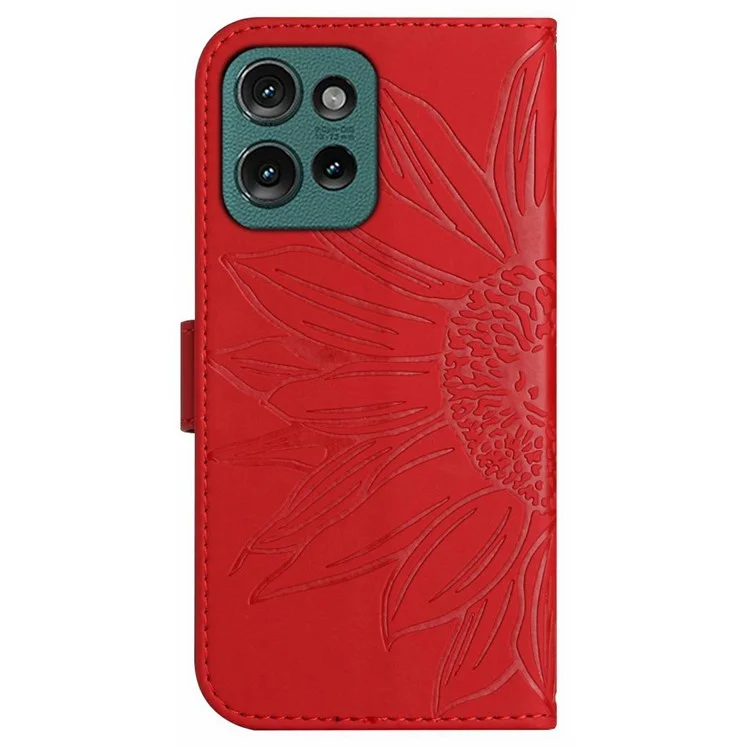 Für Motorola Moto G 5G (2025) Hülle Sonnenblumen-Prägung PU-Leder Handyhülle mit langem Gurt - Rot