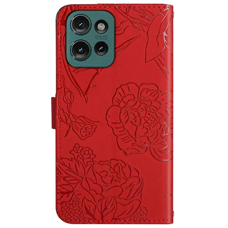 Custodia per Motorola Moto G 5G (2025) Stampa farfalla e fiore in pelle con tracolla - Rosso