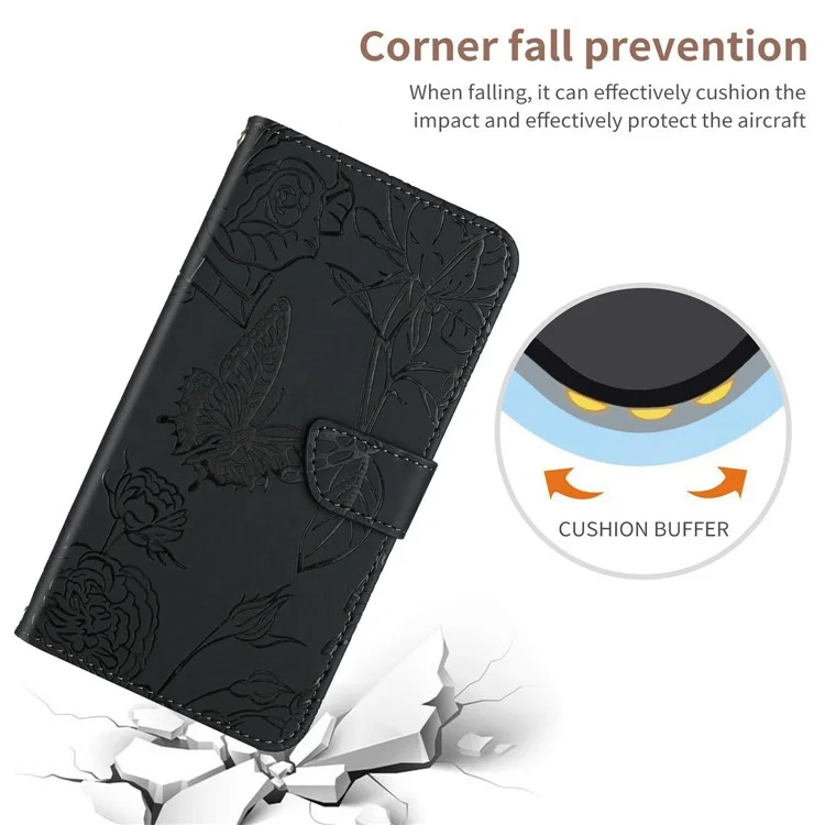Étui en cuir pour Motorola Moto G 5G (2025) avec dragonne, motif fleur de papillon - Noir