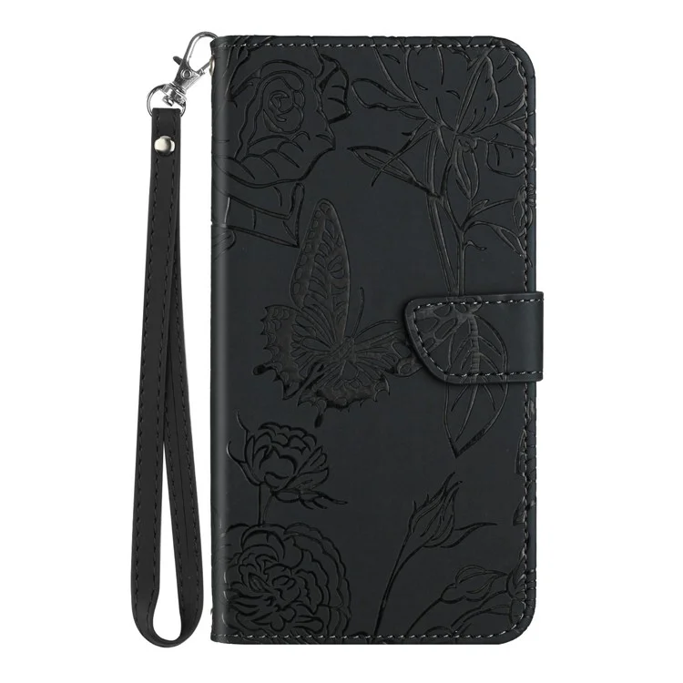 Étui en cuir pour Motorola Moto G 5G (2025) avec dragonne, motif fleur de papillon - Noir