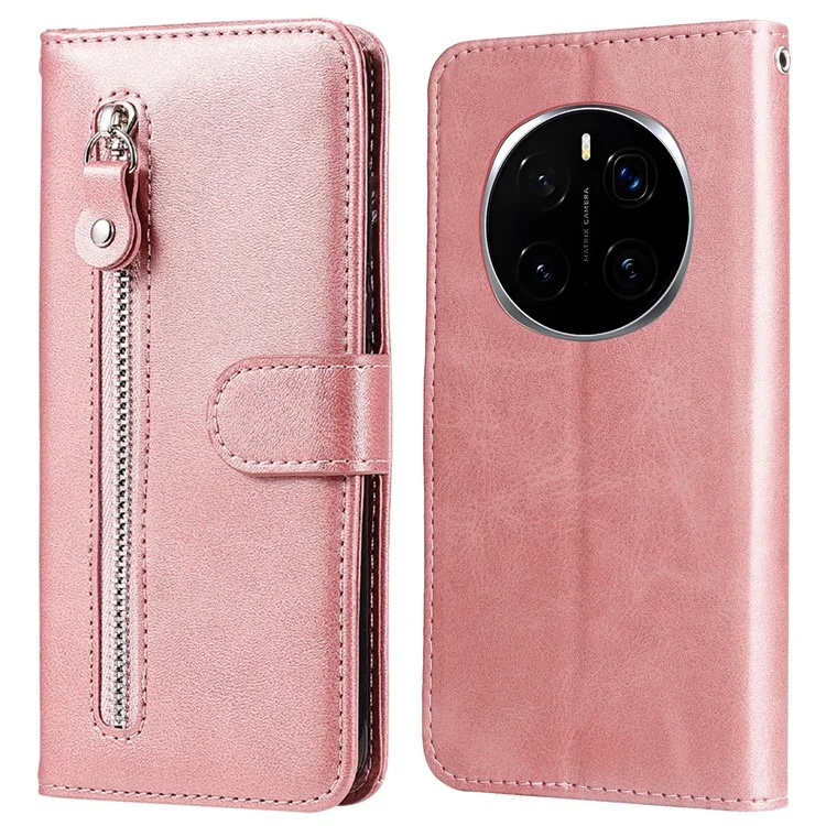 Capa para telefone For Honor Magic7 Pro 5G, com zíper e carteira, textura de couro sintético - Rosa