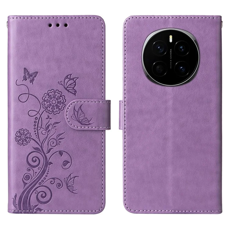 Étui en cuir pour Honor Magic7 5G avec motif floral et papillon, fonction support - Violet