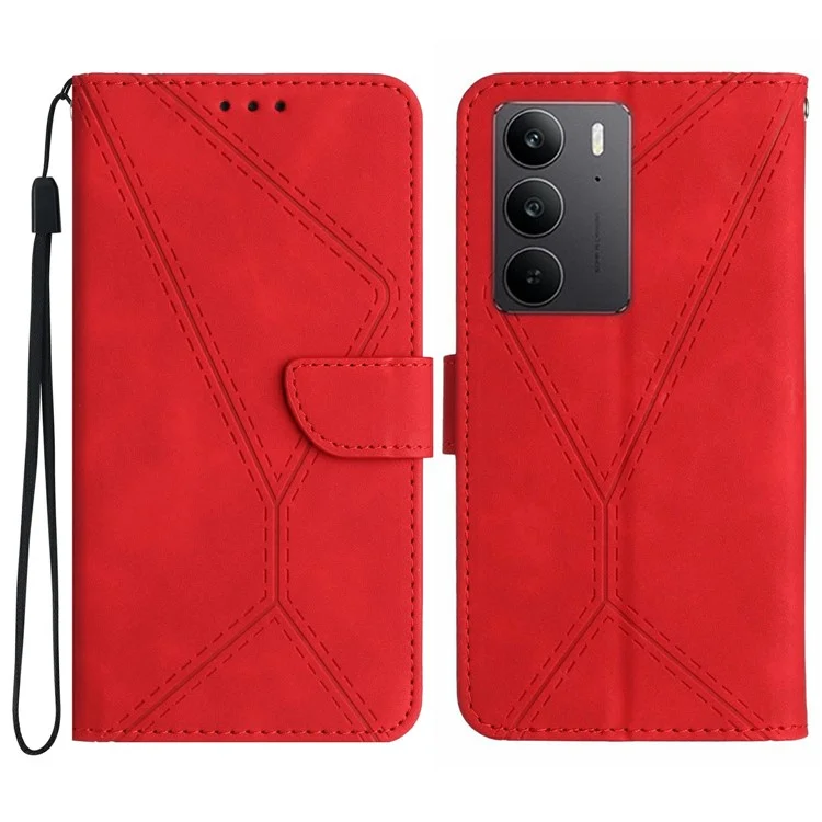 Capa para Realme C75 com linhas de toque em pele PU e tampa flip - Vermelha