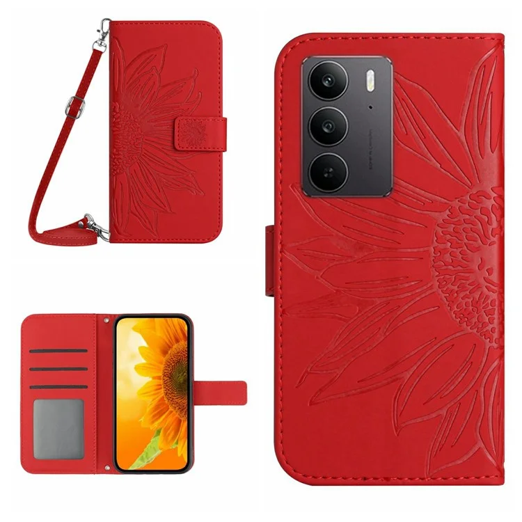 Étui pour Realme C75 avec motif tournesol en cuir PU avec longue sangle - Rouge