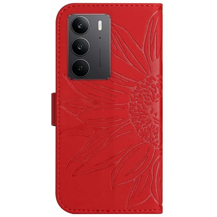 Étui pour Realme C75 avec motif tournesol en cuir PU avec longue sangle - Rouge
