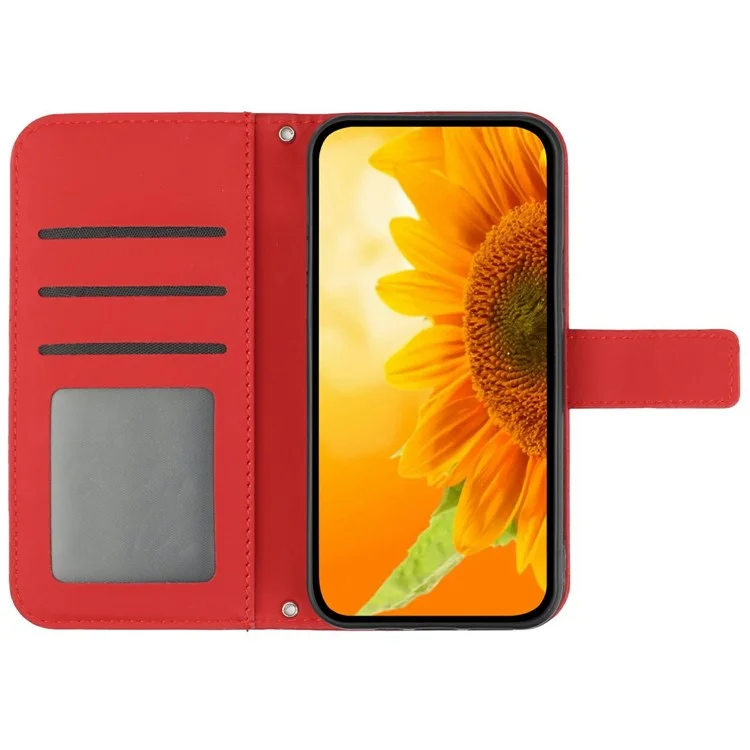 Étui pour Realme C75 avec motif tournesol en cuir PU avec longue sangle - Rouge