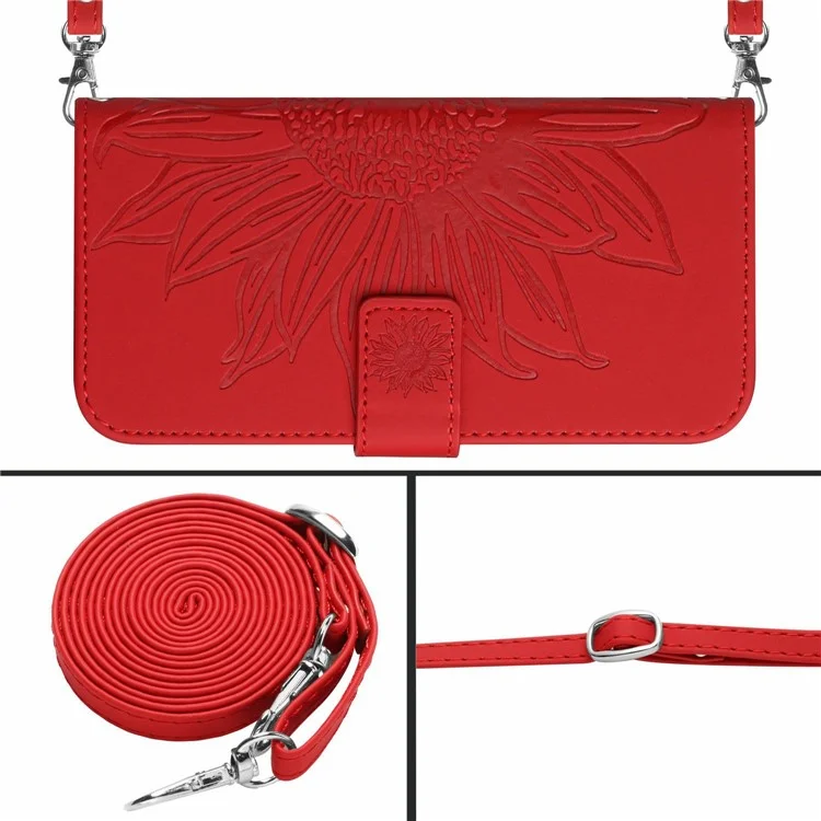 Étui pour Realme C75 avec motif tournesol en cuir PU avec longue sangle - Rouge