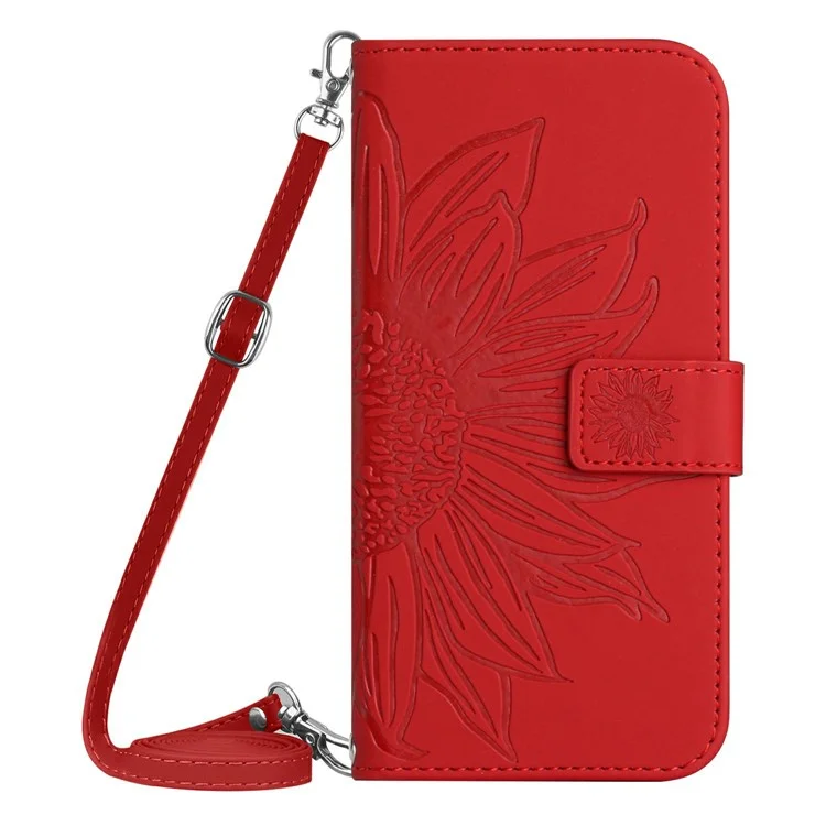 Étui pour Realme C75 avec motif tournesol en cuir PU avec longue sangle - Rouge