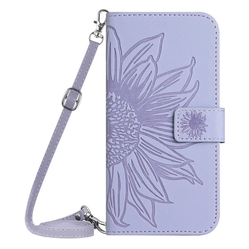 For Realme C75 4G Case Sunflower Imprint PU Leather Phone Cover with Long Strap - Light Purple