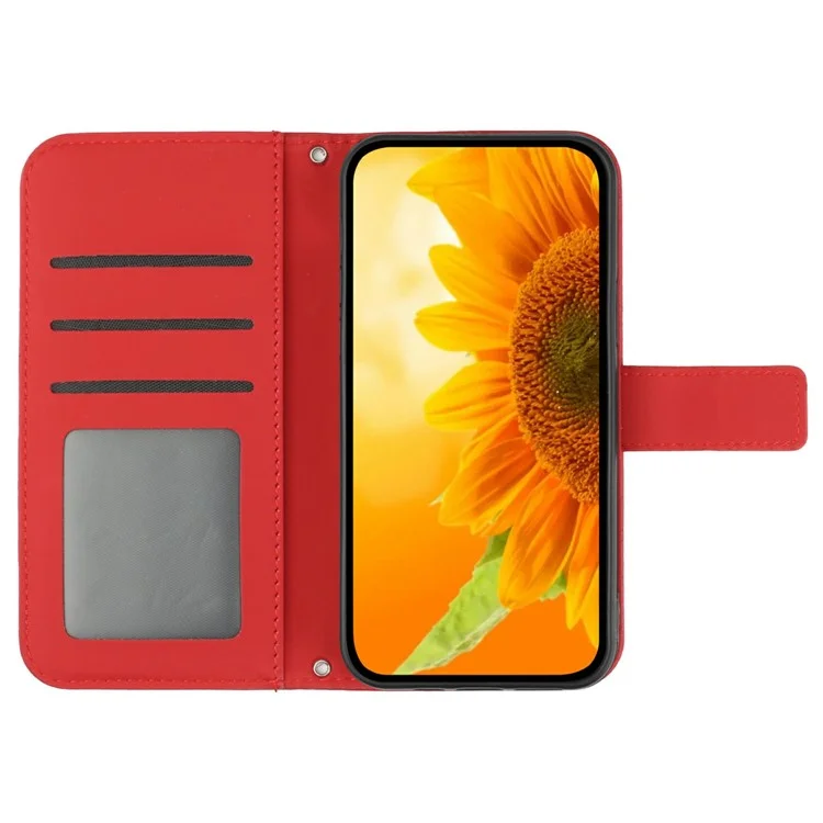 Capa de couro com estampa de girassol e alça de pulso para Realme C75 - Vermelho