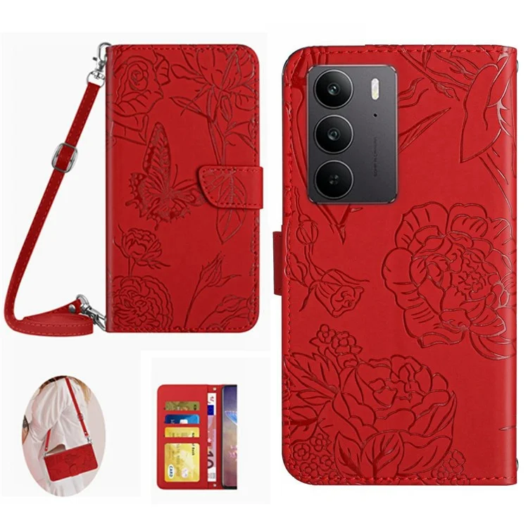 Custodia per Realme C75 con stampa a farfalla e fiori, in pelle, con cinturino da spalla - Rosso