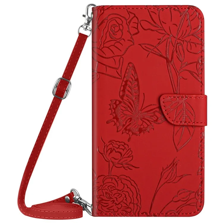 Custodia per Realme C75 con stampa a farfalla e fiori, in pelle, con cinturino da spalla - Rosso