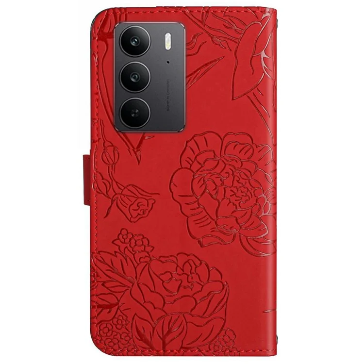 Custodia per Realme C75 con stampa a farfalla e fiori, in pelle, con cinturino da spalla - Rosso
