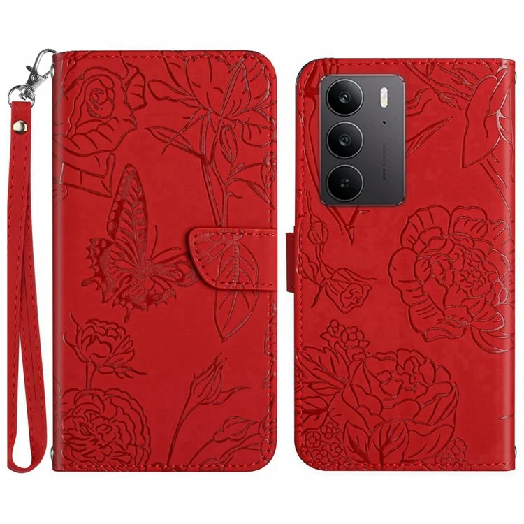 Custodia in pelle per Realme C75 con cinturino, motivo a farfalla e fiore - Rosso