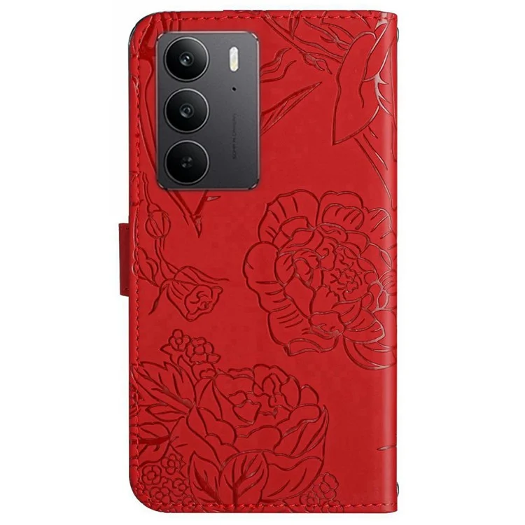 Custodia in pelle per Realme C75 con cinturino, motivo a farfalla e fiore - Rosso