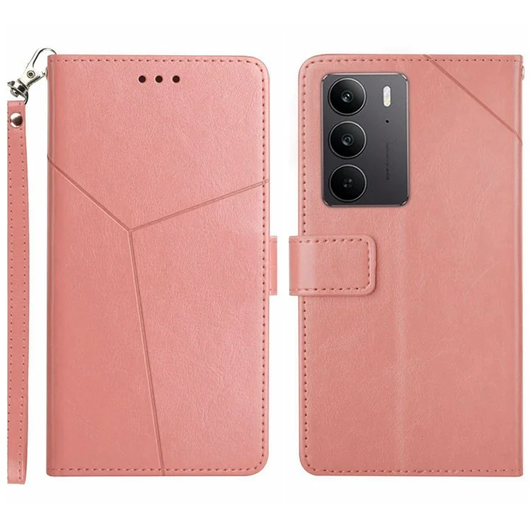 Für Realme C75 Hülle Y-förmige Linien Prägung Leder Handyhülle - Pink