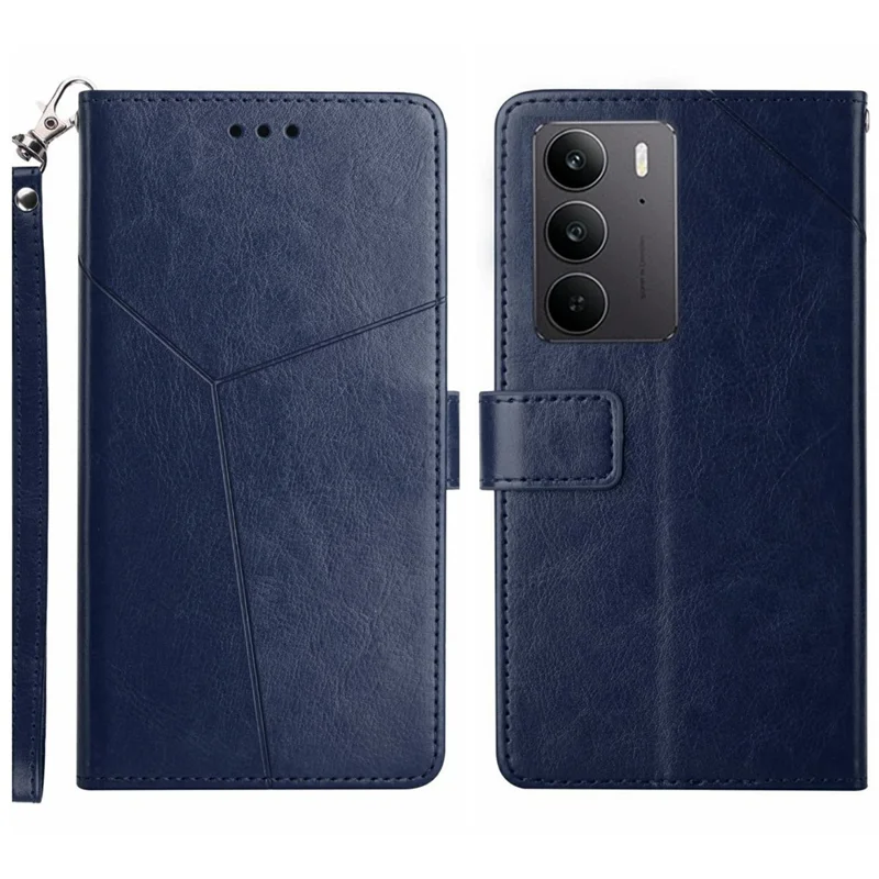 غطاء لهاتف Realme C75 4G مع حزام معصم بنقوش خطوط على شكل Y، غطاء جلد للهاتف - أزرق