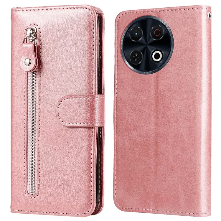 Étui portefeuille à fermeture éclair pour TECNO Spark 30 Pro 4G, en cuir PU à texture de veau - Rose