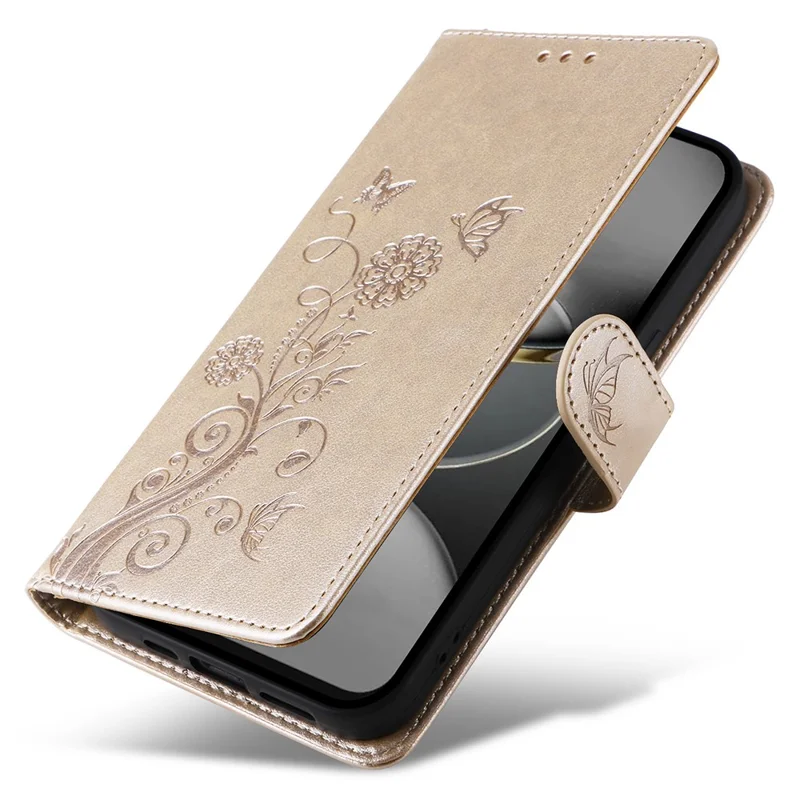For TECNO Spark 30 Pro 4G Leather Case Butterfly Floral Imprint Wallet Stand Cover - Gold