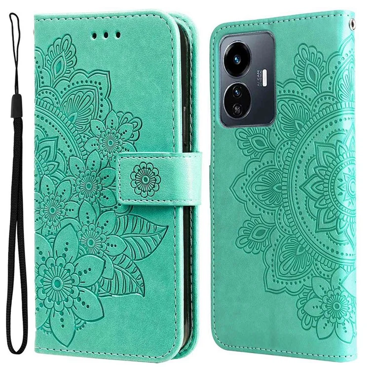 Para Vivo Y77 5G / Y77e 5G / Y77e (t1) 5G / Iqoo Z6 Lite 5G Impresión de Flores Case de Teléfono PU Flip Flip Willet Cover With Strap - Verde