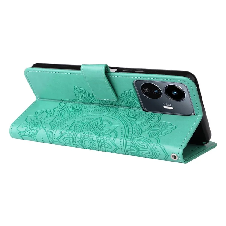 Para Vivo Y77 5G / Y77e 5G / Y77e (t1) 5G / Iqoo Z6 Lite 5G Impresión de Flores Case de Teléfono PU Flip Flip Willet Cover With Strap - Verde