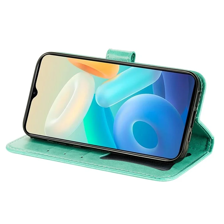 Para Vivo Y77 5G / Y77e 5G / Y77e (t1) 5G / Iqoo Z6 Lite 5G Impresión de Flores Case de Teléfono PU Flip Flip Willet Cover With Strap - Verde