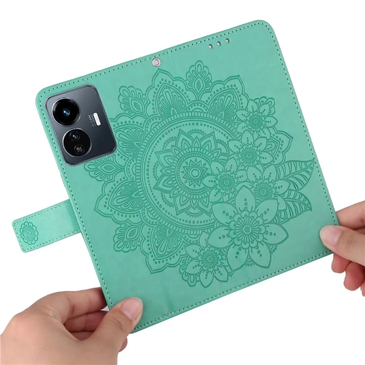 Para Vivo Y77 5G / Y77e 5G / Y77e (t1) 5G / Iqoo Z6 Lite 5G Impresión de Flores Case de Teléfono PU Flip Flip Willet Cover With Strap - Verde