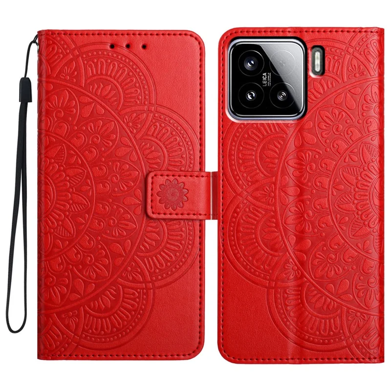 For Xiaomi 15 Leather Case with Card Slots Mandala Pattern Phone Cover Stand - Red